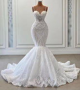 Luxury Lace Mermaid Wedding Dresses Spaghetti Straps Sweetheart Sparkle Bridal Gowns Elegant Robe de Mariée Engagement